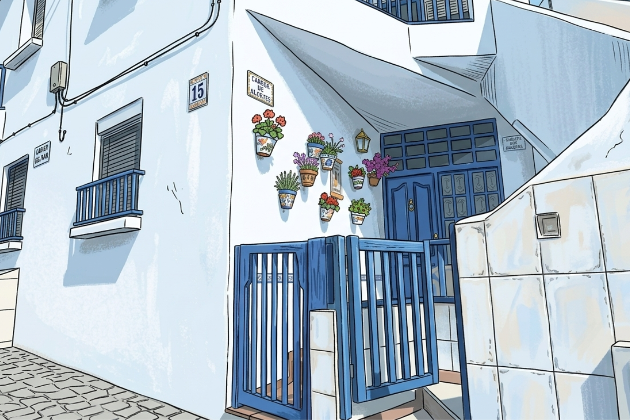 Illustration of a whitewashed Andalusian house with blue door and flower pots